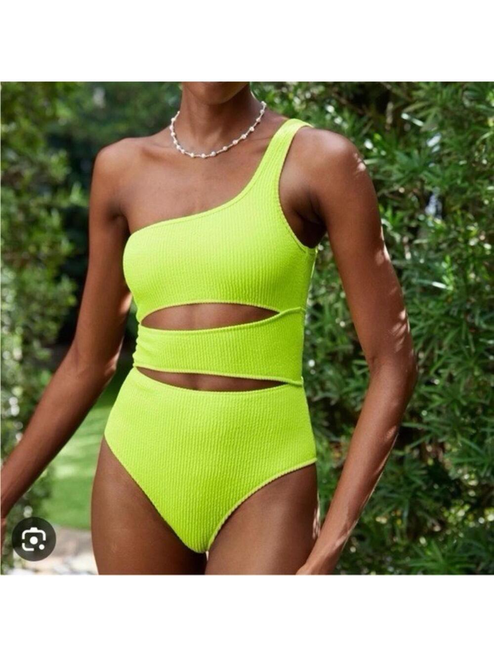 Aerie Crinkle Cutout One Shoulder One Piece Swimsuit Lime Slush Sz L NWT